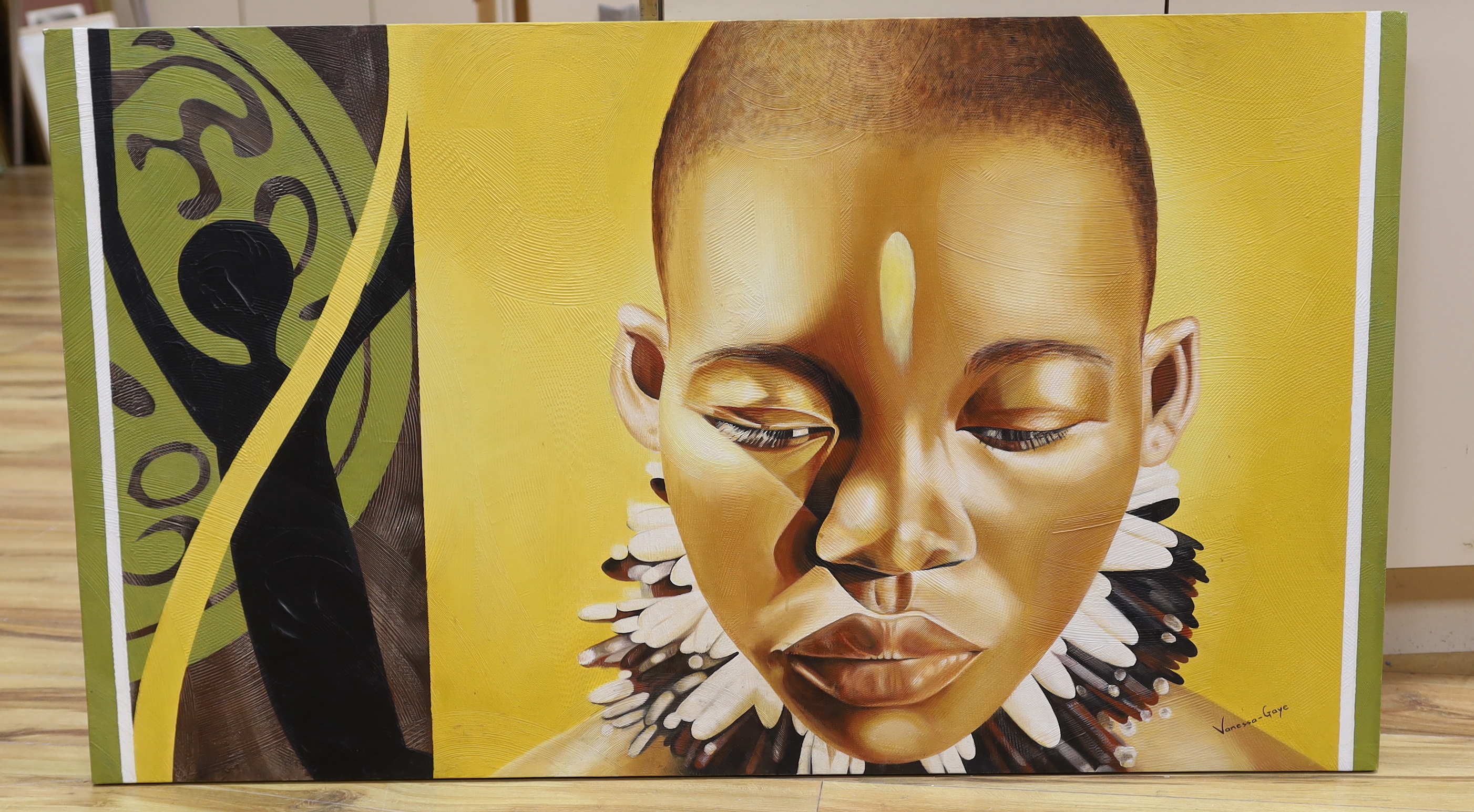 Vanessa Gaye (South African, 20th. C), oil on canvas, Stylised portrait of an African woman, signed, 75 x 130cm, unframed